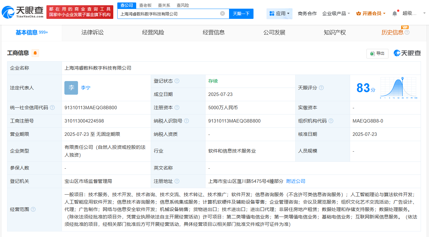 鴻博股份上海布局人工智能新篇章 鴻睿數科正式成立，注冊資本5000萬聚焦AI算法軟件開發
